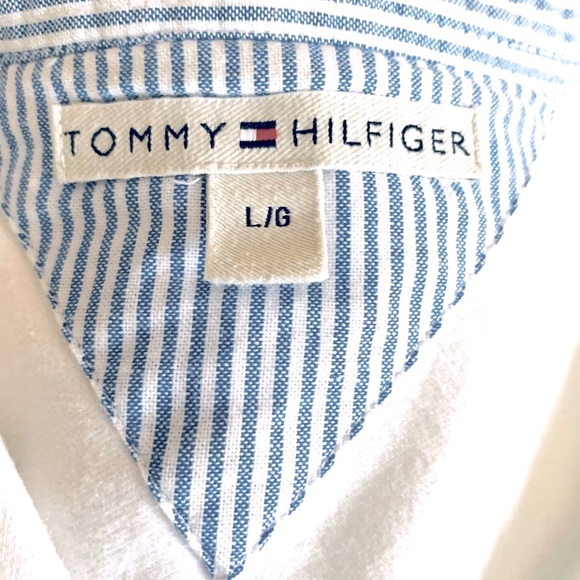 Tommy Hilfiger white cotton polo t-shirt logo blue & white striped collar lining - Picture 6 of 12